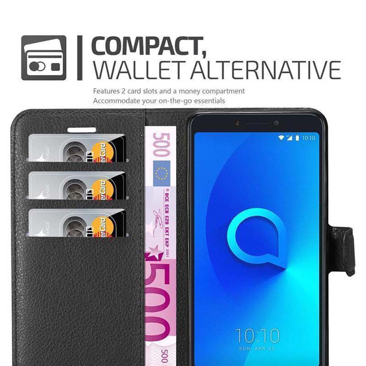 Schwarze Telefon-Brieftasche mit Karten, Bargeld und Telefon mit blauem Bildschirm.
