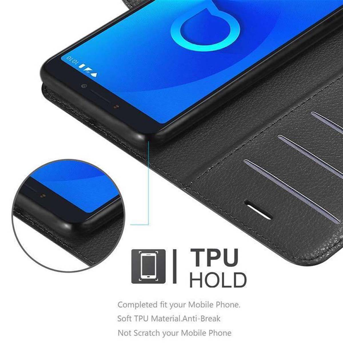 Schwarzes Telefon in einer schwarzen Brieftasche, TPU HOLD-Text unten.