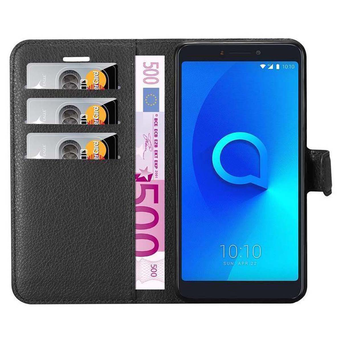 Telefon in einer Brieftasche mit Karten und Geld. Der Bildschirm zeigt die Uhrzeit. Schwarzes Gehäuse.