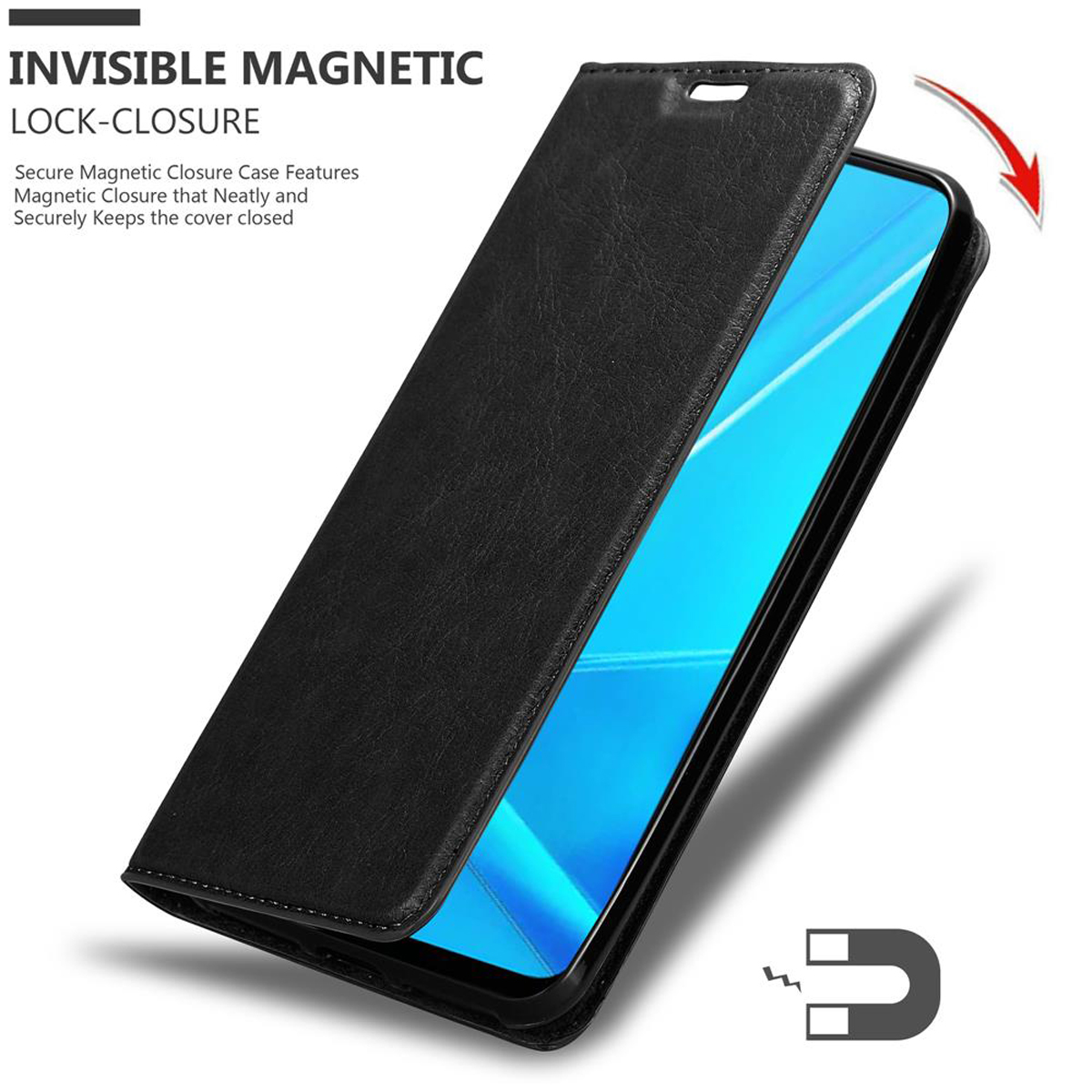 Custodia nera aperta, che rivela un telefono. Testo: Chiusura magnetica invisibile. Chiusura sicura.