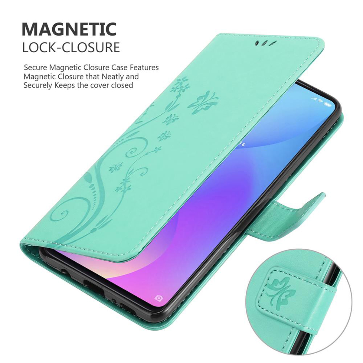 Custodia verde con design floreale, aperta per rivelare un telefono con app. Dettaglio chiusura magnetica mostrato.
