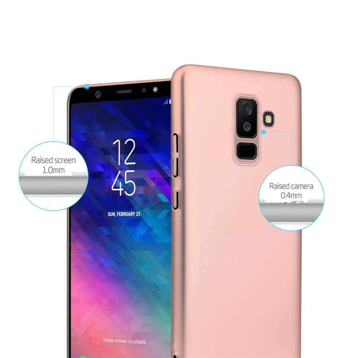 Rosa Telefon mit Hülle, zeigt einen erhöhten Bildschirm und Kamera, mit Messungen und Details.