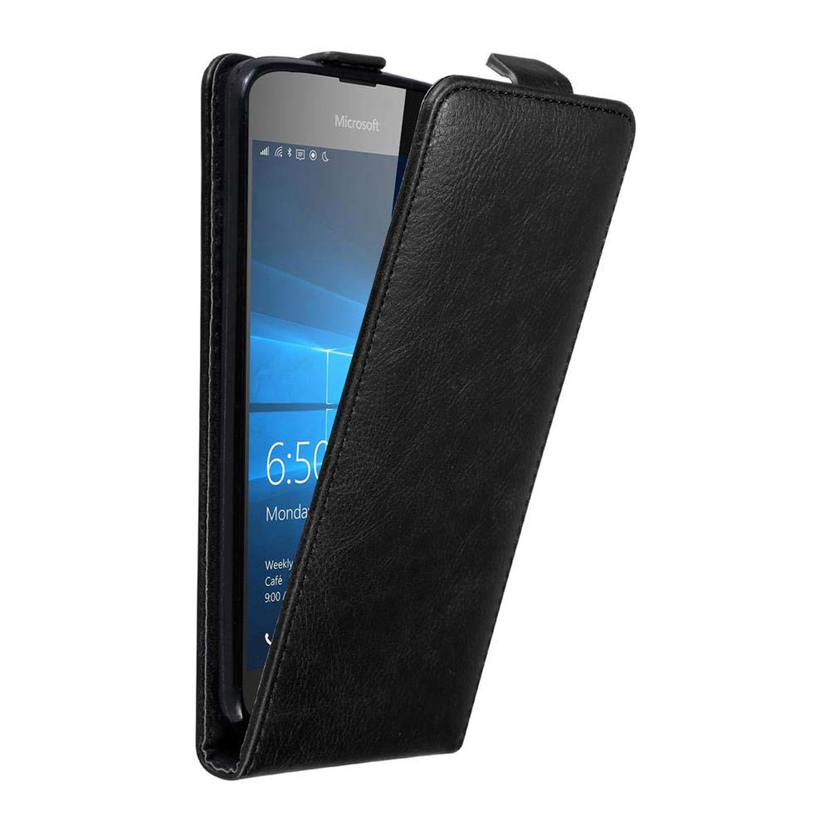 Funda de teléfono negra abierta con teléfono dentro. La pantalla muestra un calendario y la hora.