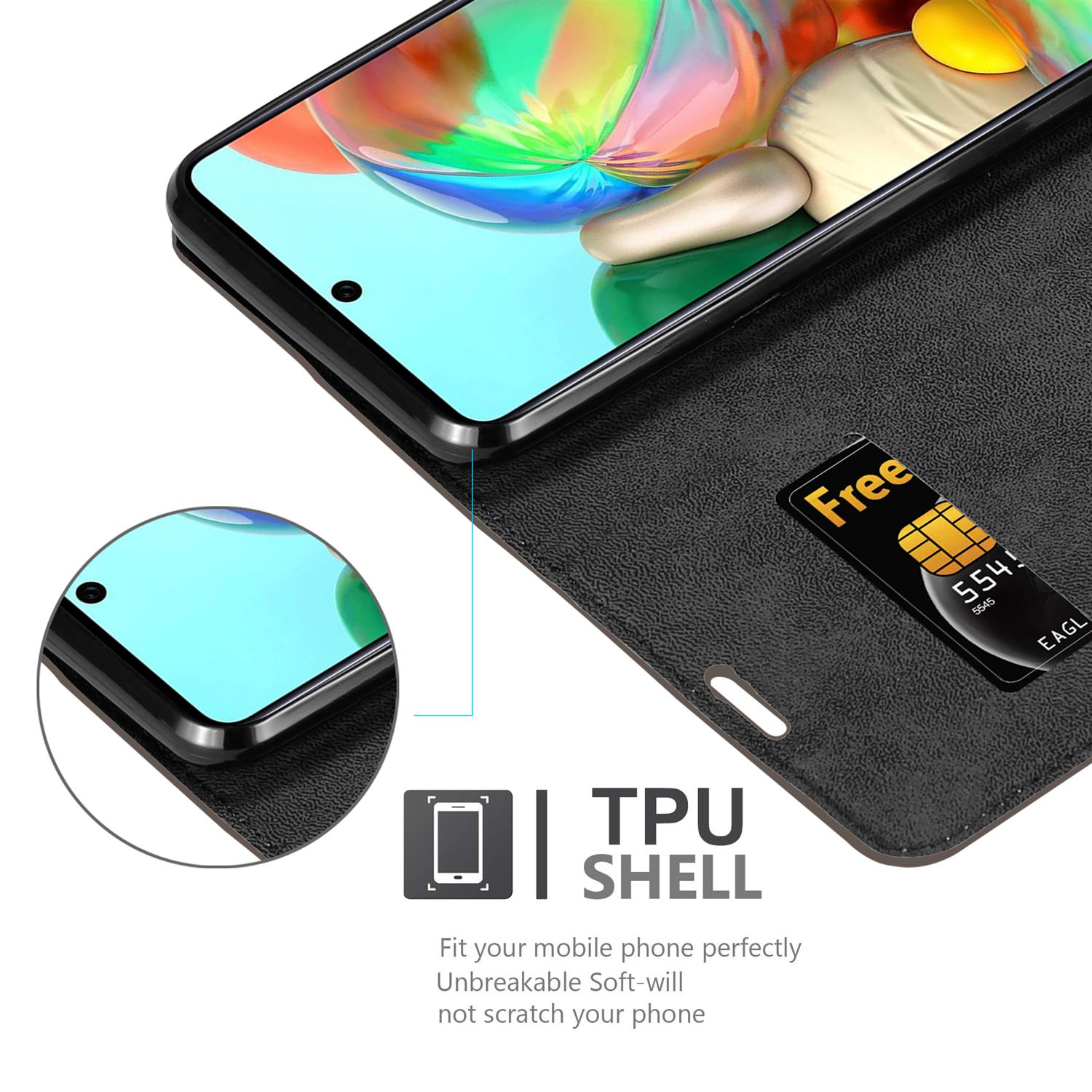 Telefon in einer Hülle mit Karte. Das Gehäuse hat eine TPU-Schale.
