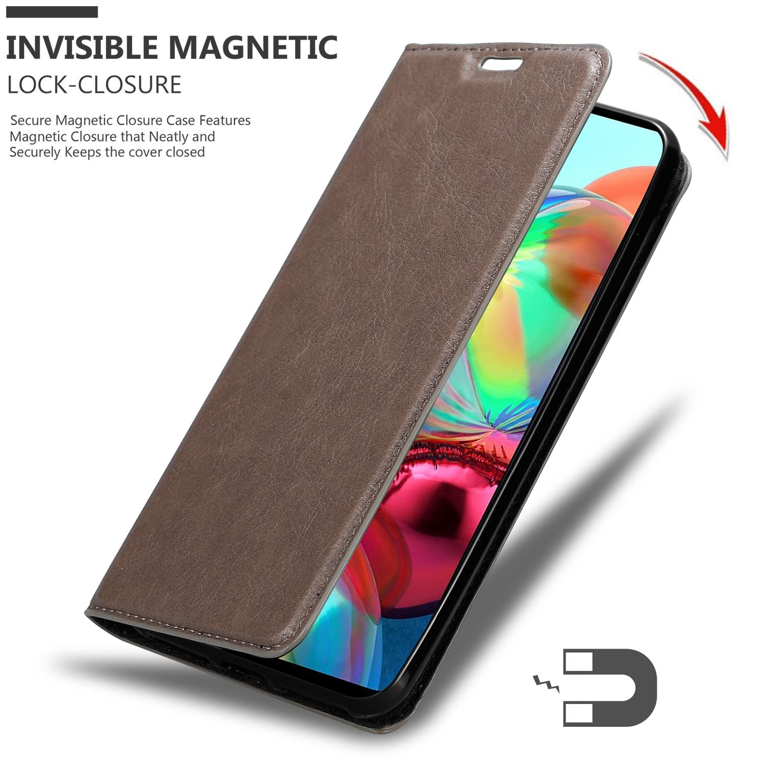 Handyhülle, braun. Die offene Hülle zeigt das Telefon und einen Magneten. Die Hülle hat einen Magnetverschluss.