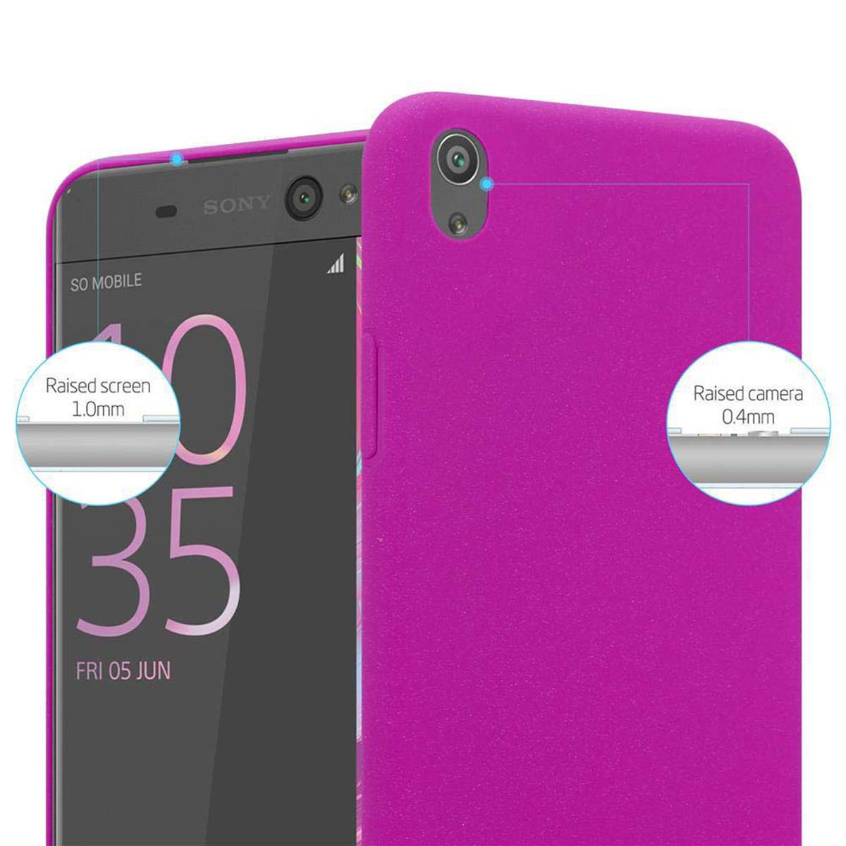 Un telefono magenta con schermo e fotocamera rialzati. Il testo dice 'SO MOBILE' e la data è 'VEN 05 GIU'.