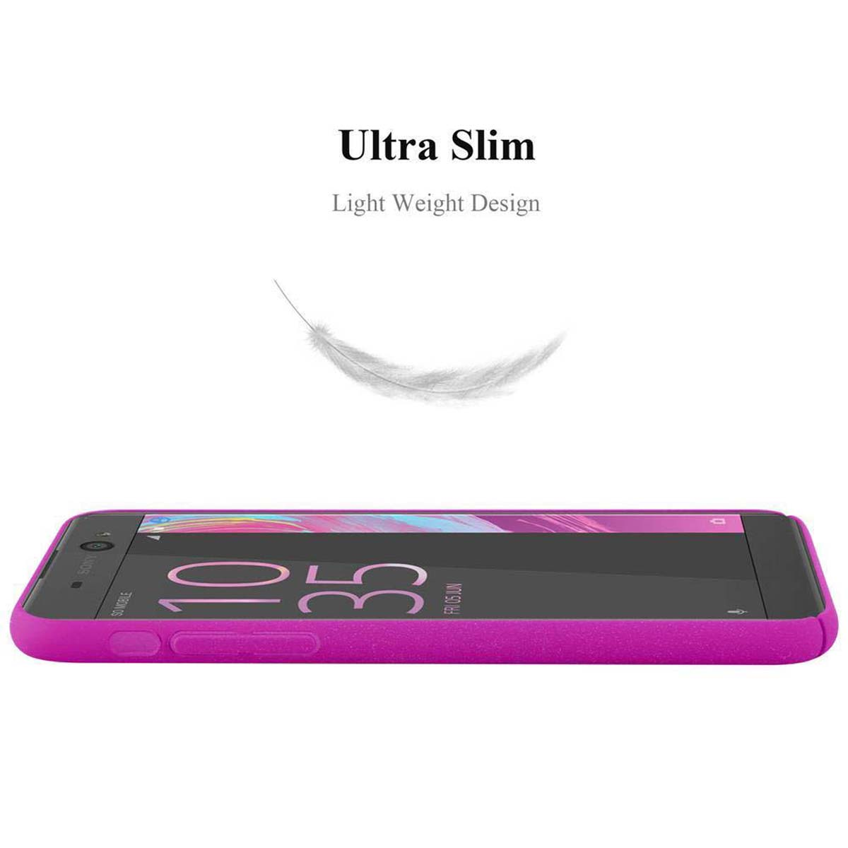 Un telefono rosa in una custodia. Il lato del telefono è visibile. Testo: Ultra sottile, design leggero.
