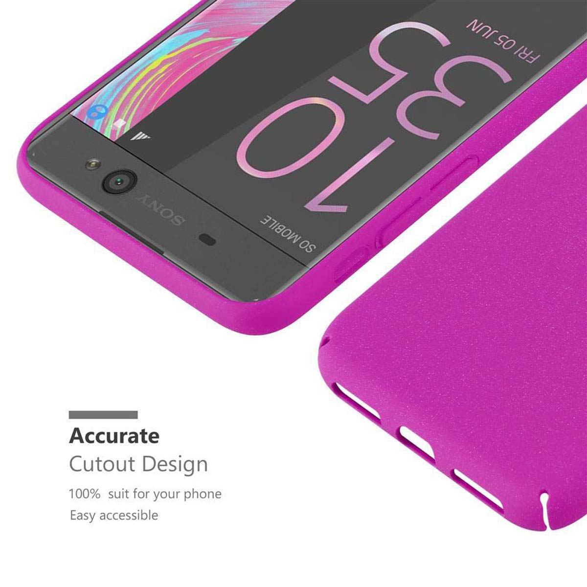 Una custodia rosa con un telefono all'interno. La custodia ha un design con ritagli precisi ed è facile da accedere.