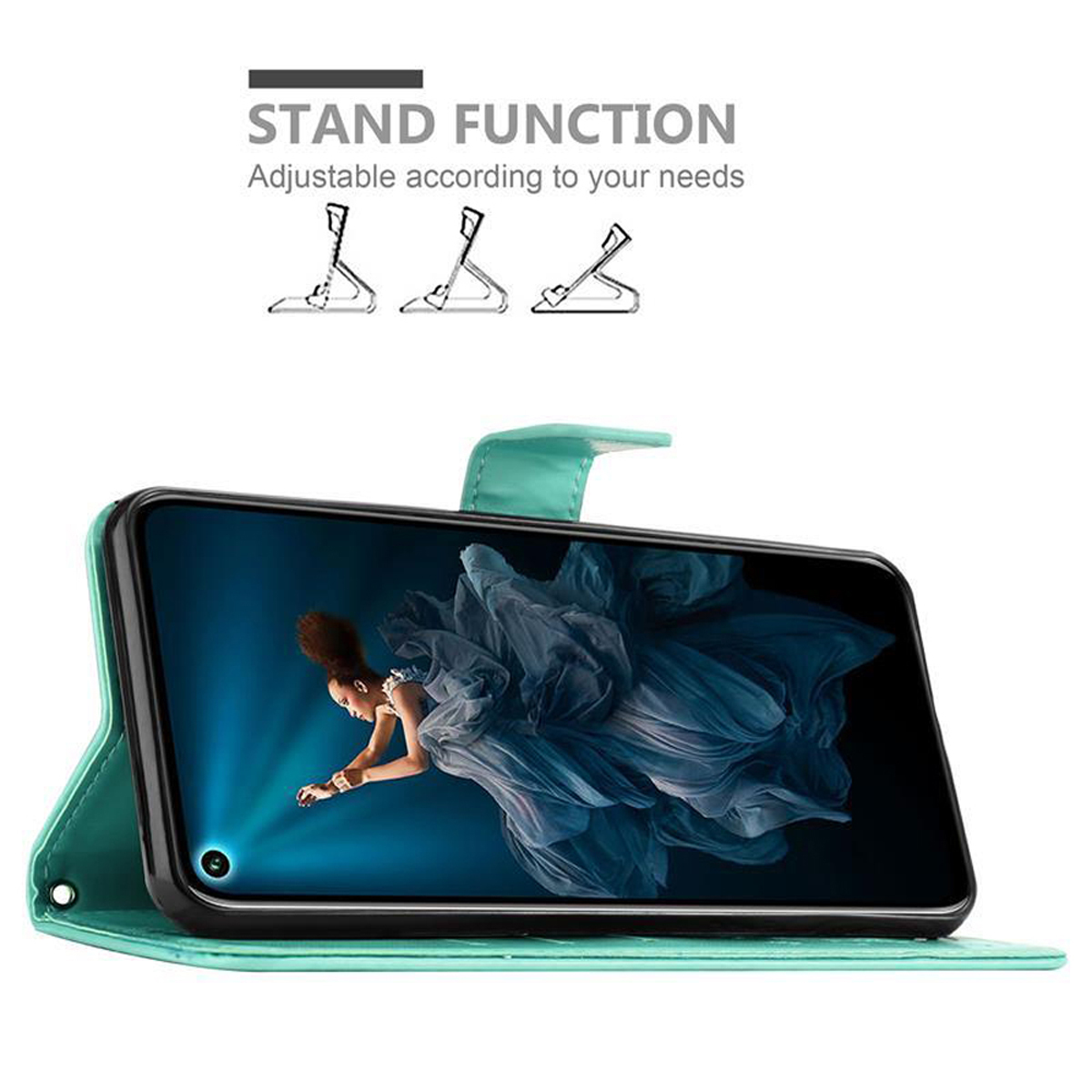 Un telefono in una custodia, aperto, che mostra uno schermo con una donna con un vestito blu. Funzione supporto.