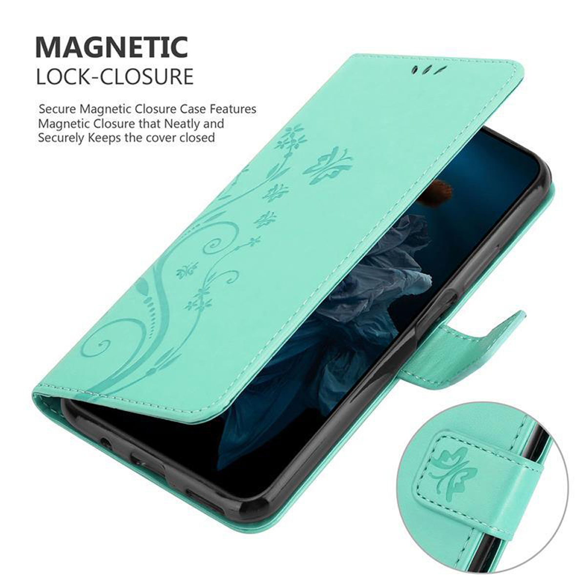 Custodia verde aperta, con telefono dentro. Design floreale sulla cover.