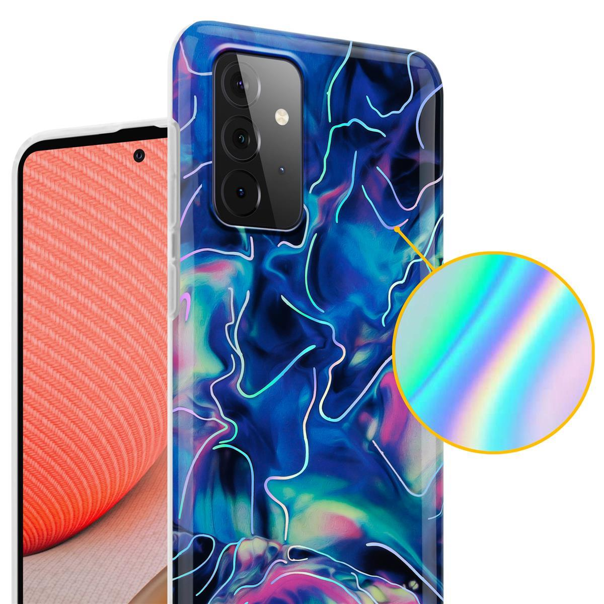 Primo piano di una custodia per telefono con un motivo astratto colorato. La custodia è blu e bianca.
