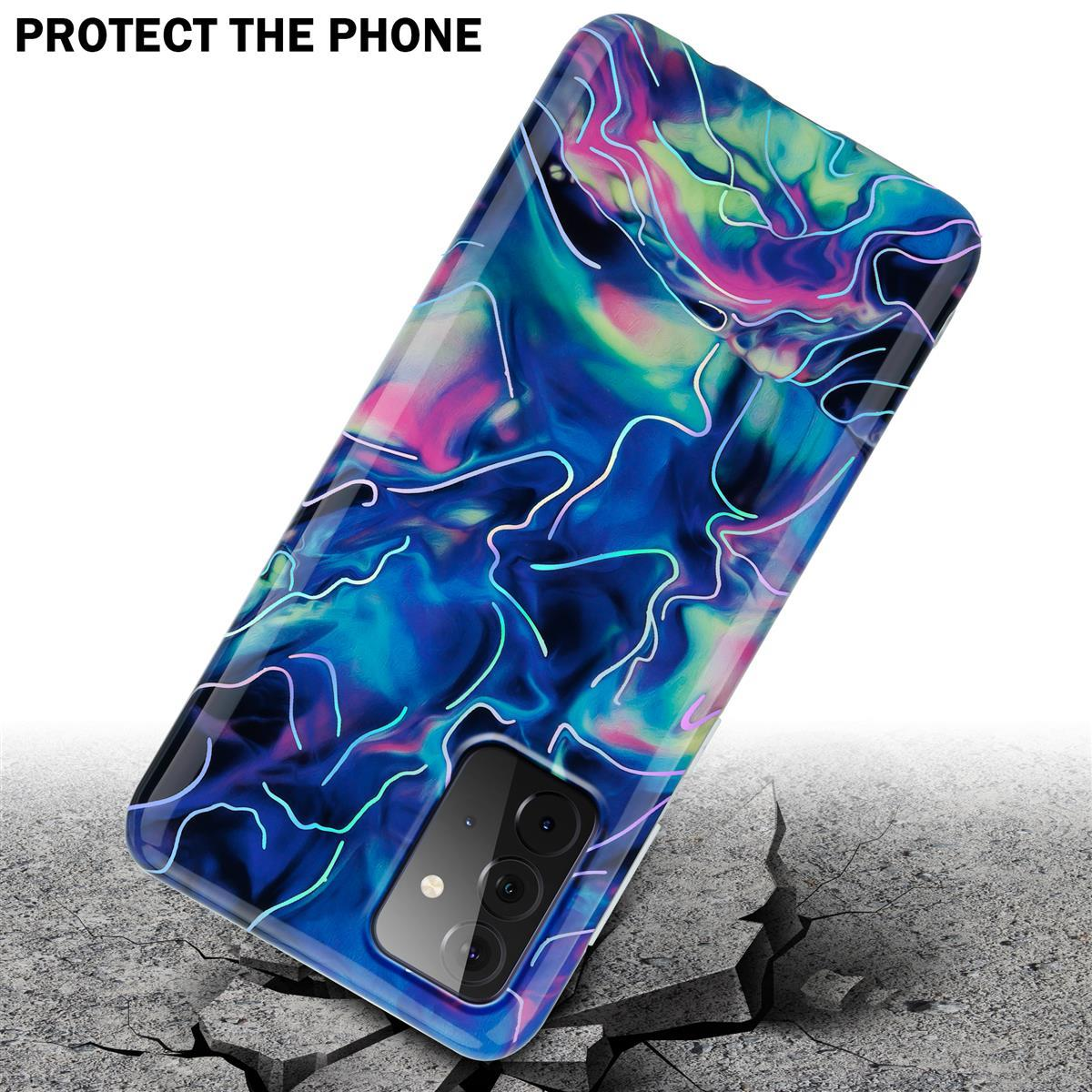 Una custodia per telefono dal design colorato è su una superficie incrinata. Testo: Proteggi il telefono.