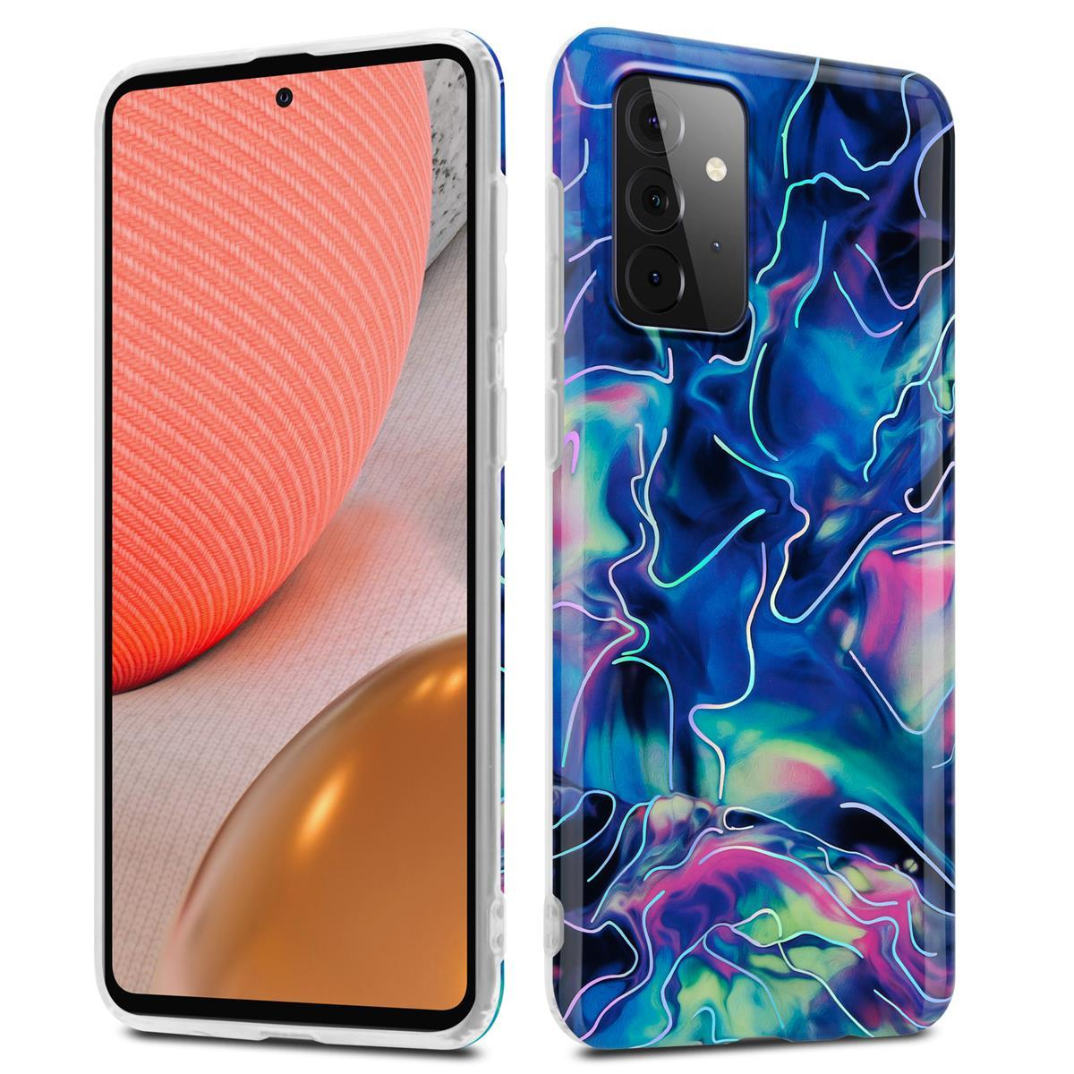 Custodia per telefono con design astratto blu, verde e rosa. Telefono visibile a sinistra.