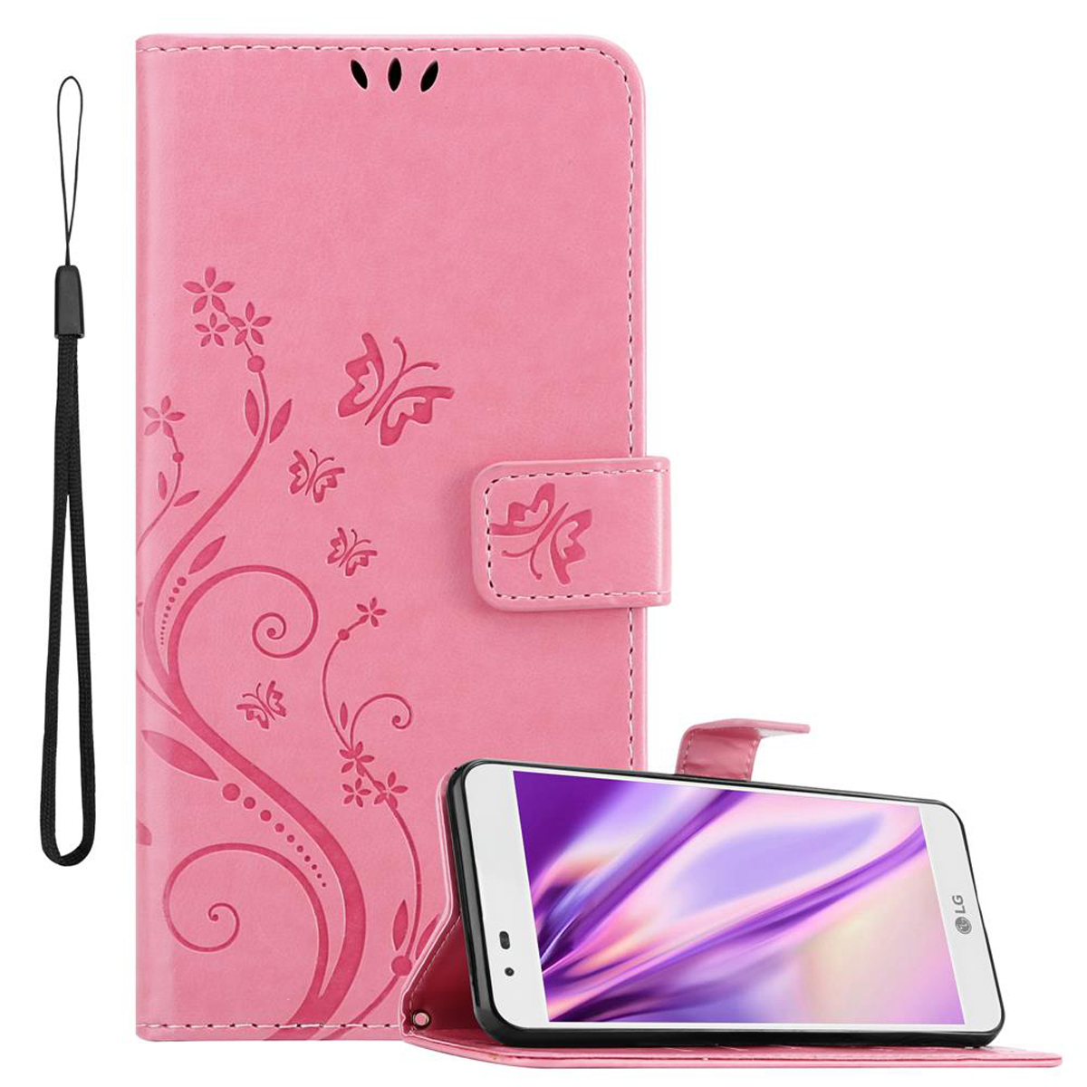 Funda de teléfono rosa con flores, teléfono insertado. El teléfono está abierto con una pantalla púrpura y una correa.