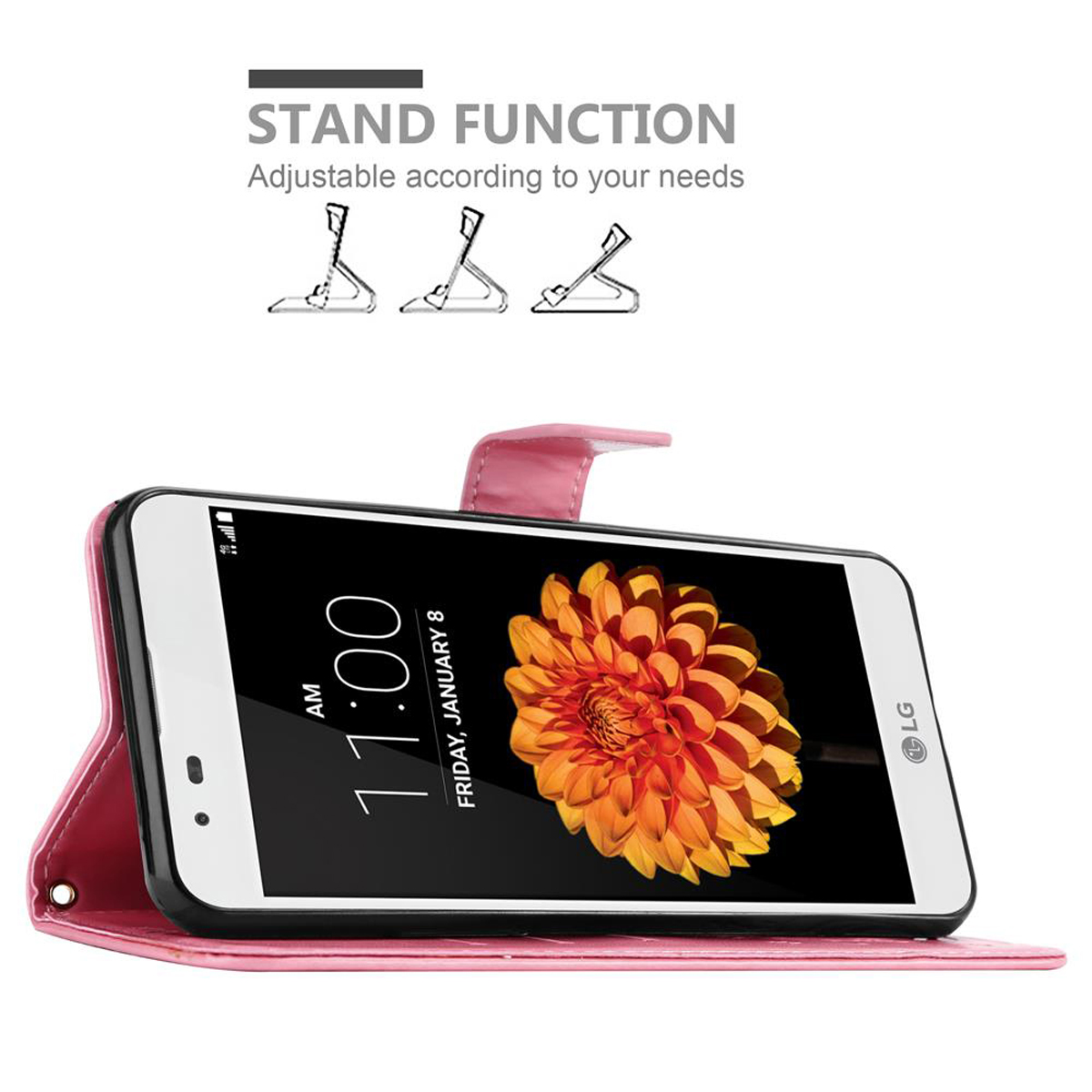 Funda rosa para teléfono, abierta, con teléfono. El teléfono muestra una imagen floral.