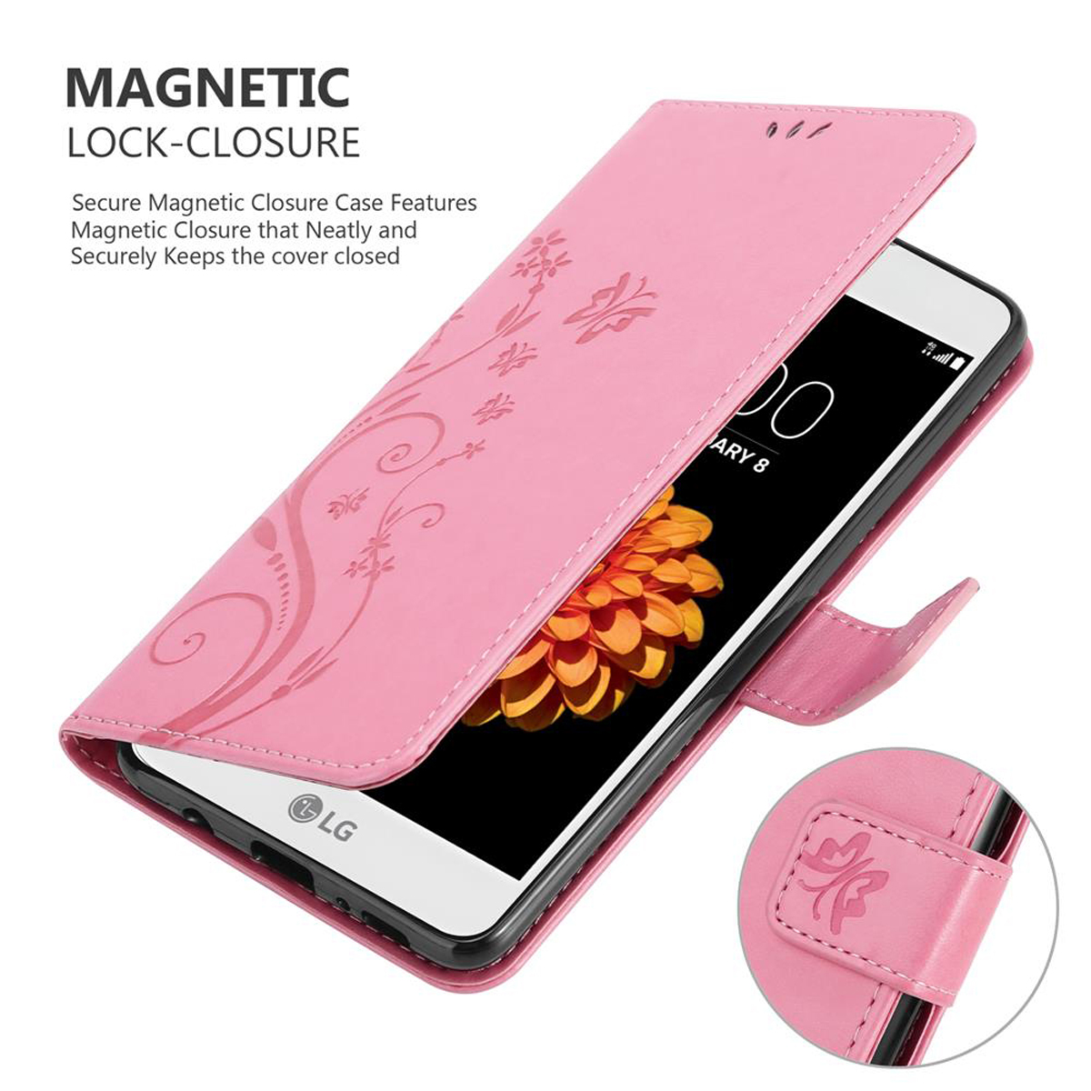 Funda de teléfono rosa abierta, con un teléfono que muestra una flor y un logo de LG. Cierre magnético visible.