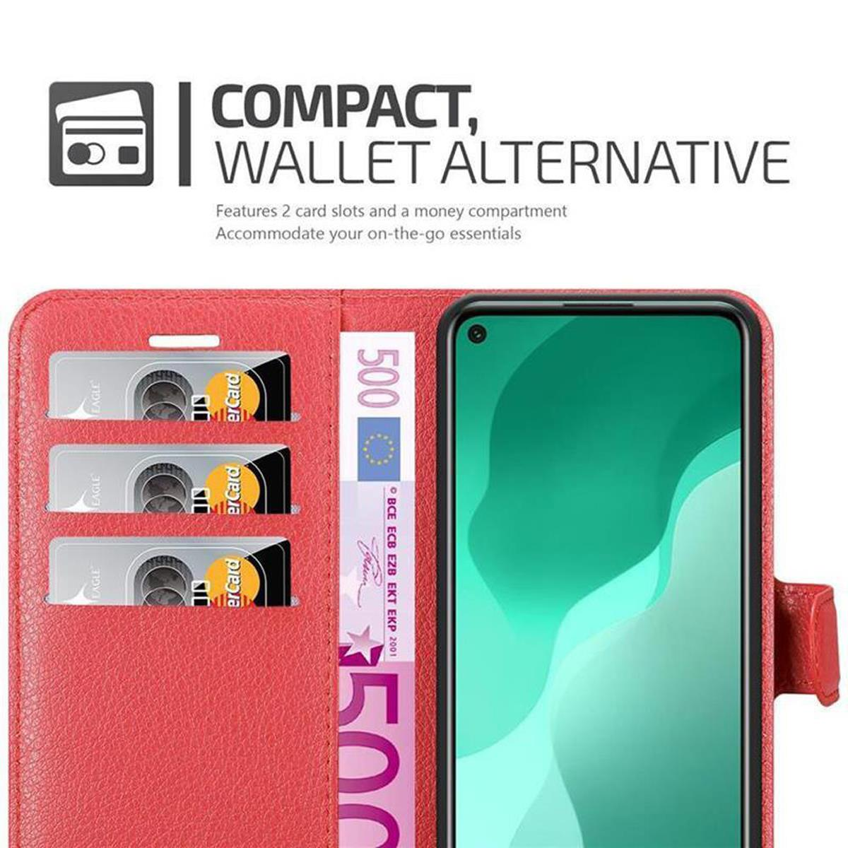 Custodia a portafoglio rossa aperta, telefono a destra. Carte e denaro visibili. Testo: Compatto, Alternativa portafoglio.