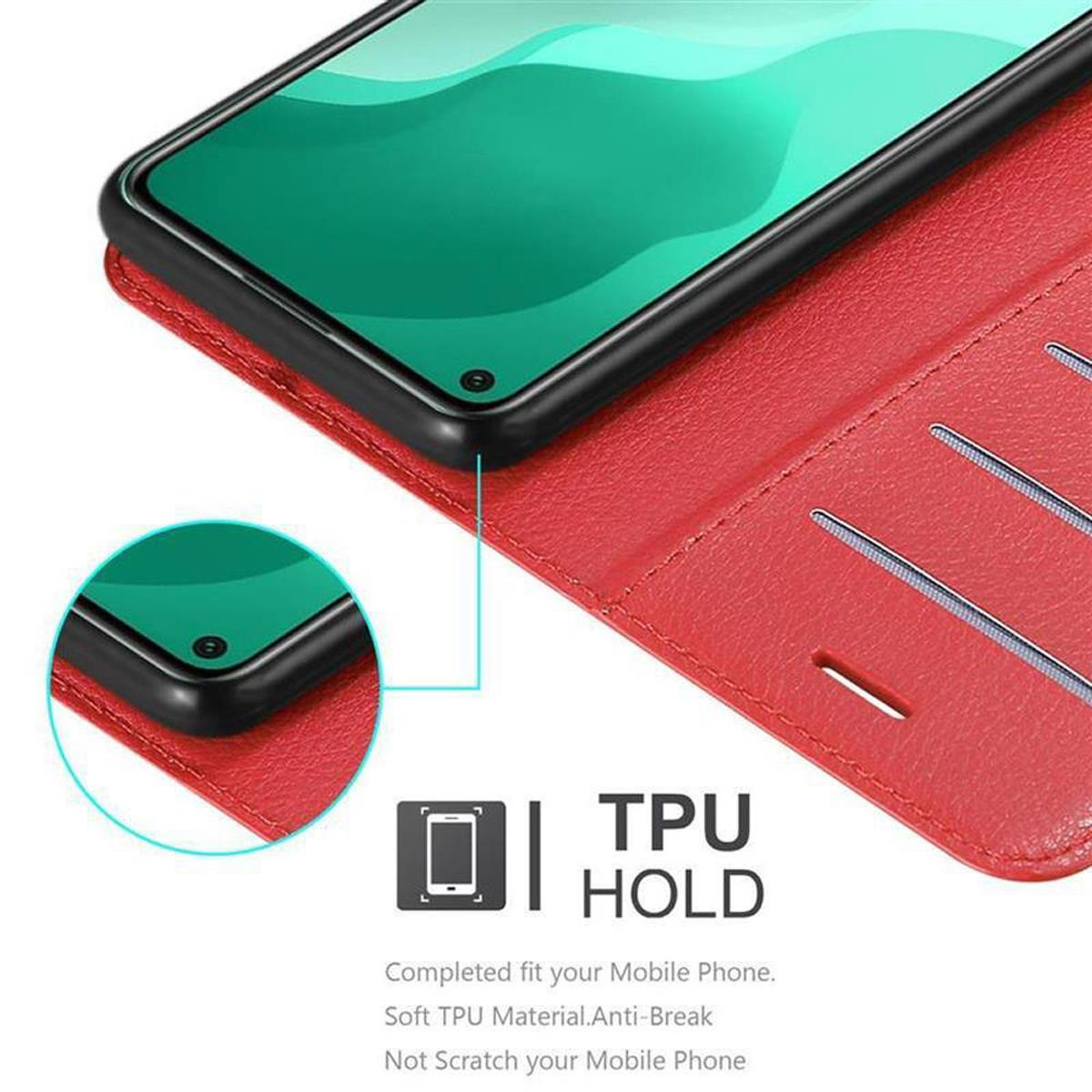Custodia rossa con telefono dentro, dettaglio della parte inferiore. Testo TPU HOLD.