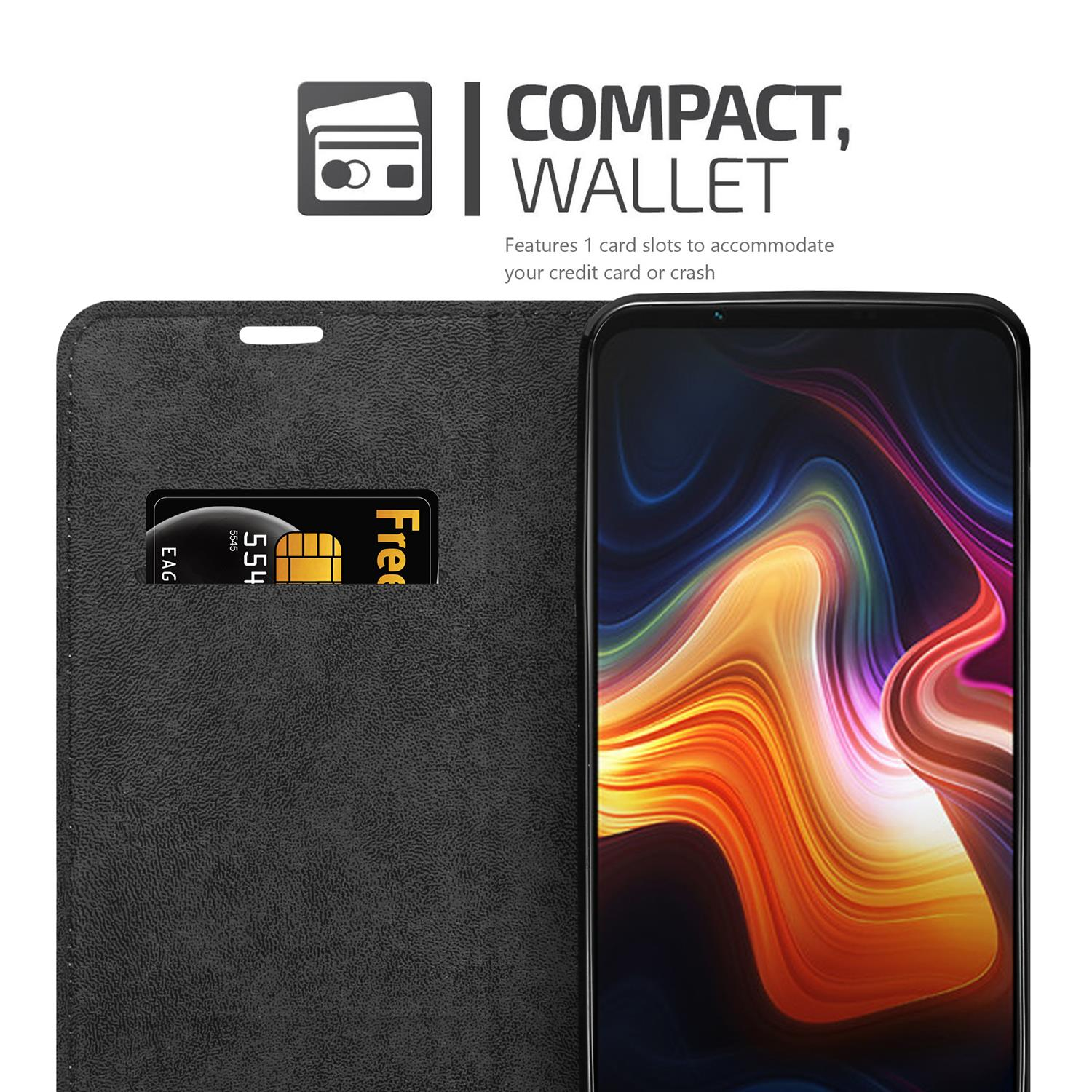 Custodia nera per telefono con telefono. La custodia ha uno slot per schede con una SIM. Testo: 'COMPACT, WALLET' e dettagli.