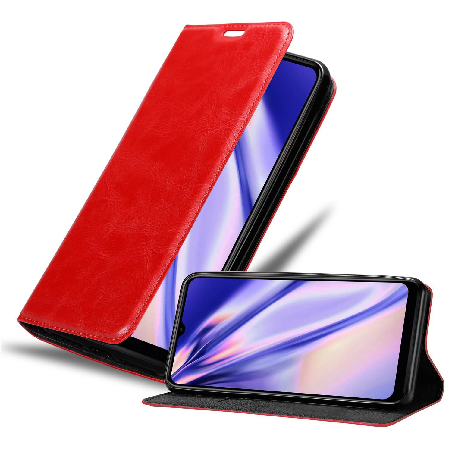 Custodia rossa per telefono, aperta con telefono all'interno. Un altro telefono è aperto davanti. Entrambi hanno bordi neri.