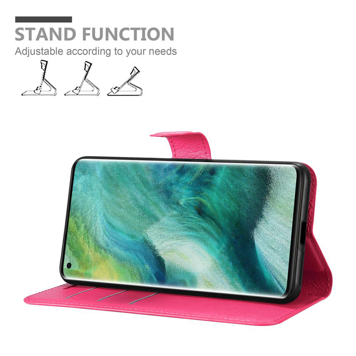 Portafoglio rosa per telefono con telefono appoggiato e icone della funzione stand.