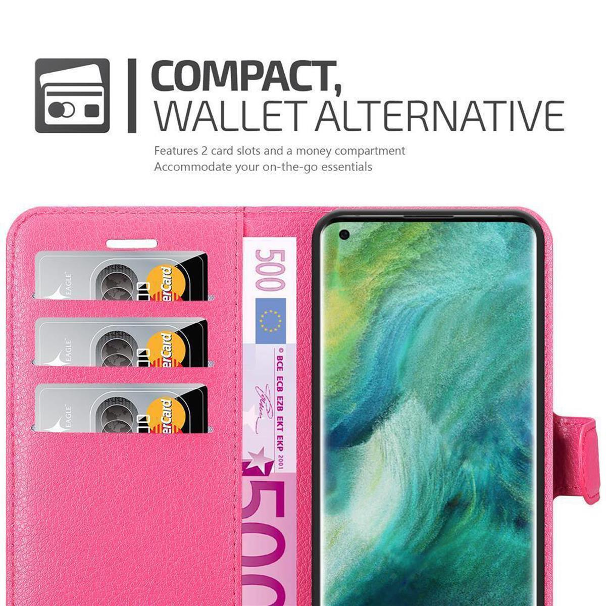 Custodia a portafoglio rosa con carte e denaro visibili. Il telefono mostra un display colorato sullo schermo.
