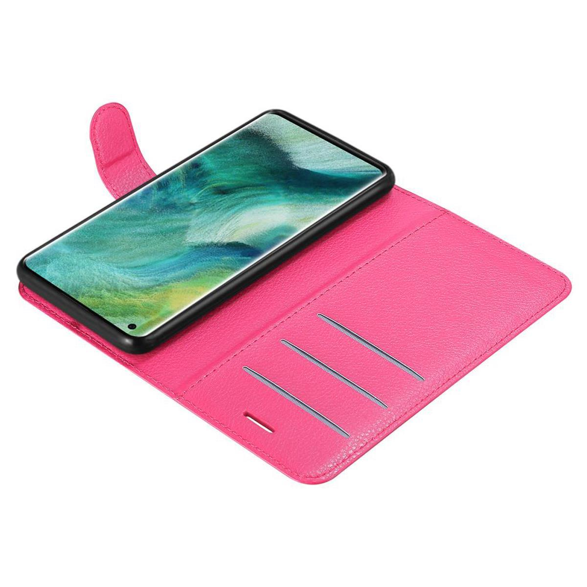 Custodia per telefono rosa, aperta, telefono all'interno, tre fessure per carte visibili. La custodia è rosa.