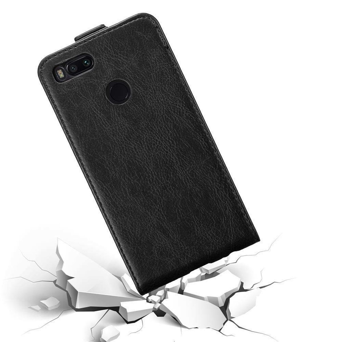 Custodia nera per telefono, angolata, pavimento rotto.