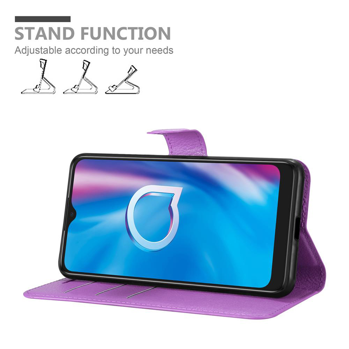 Custodia per telefono viola con un telefono all'interno, puntellata per la visualizzazione.