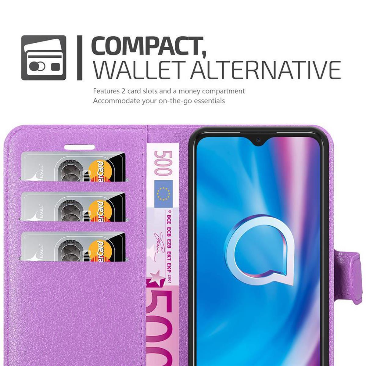 Custodia a portafoglio viola con telefono, fessure per carte e scomparto per denaro. Include una banconota da 500 euro.
