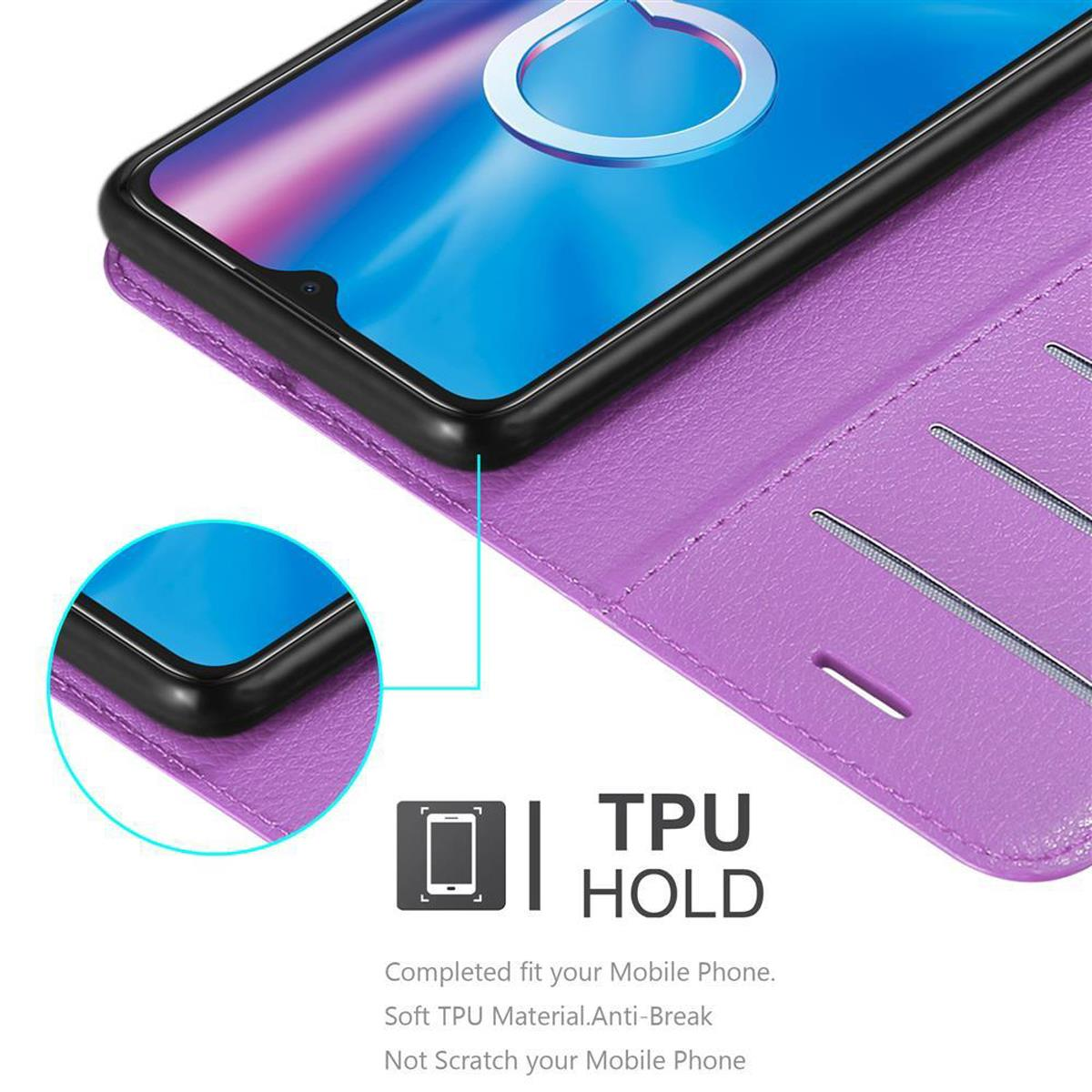Una custodia per telefono viola con un telefono all'interno, che mostra un primo piano del telefono e della custodia.