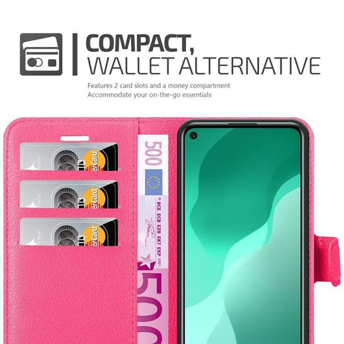 Custodia per telefono rosa, aperta, che mostra telefono, denaro e fessure per carte con carte. Il telefono è sul lato destro.