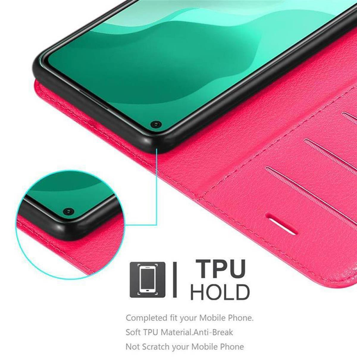 Un telefono in una custodia rosa con schermo nero. Il testo dice supporto TPU e descrive il materiale.