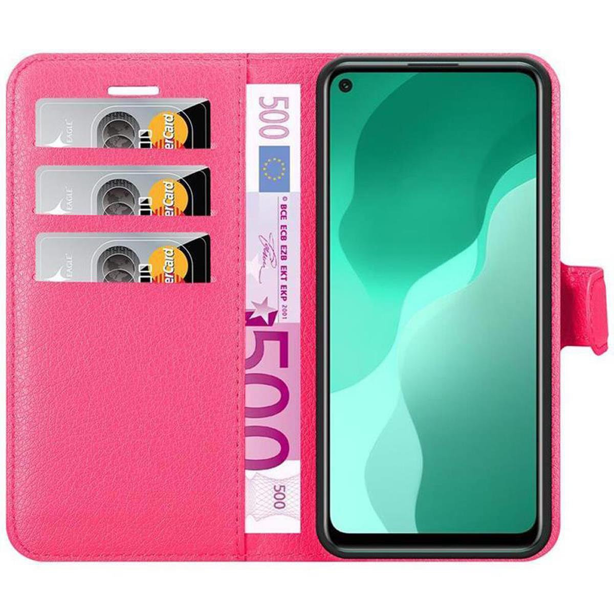 Custodia a portafoglio rosa per telefono con scomparti per carte. Un telefono e denaro sono all'interno.