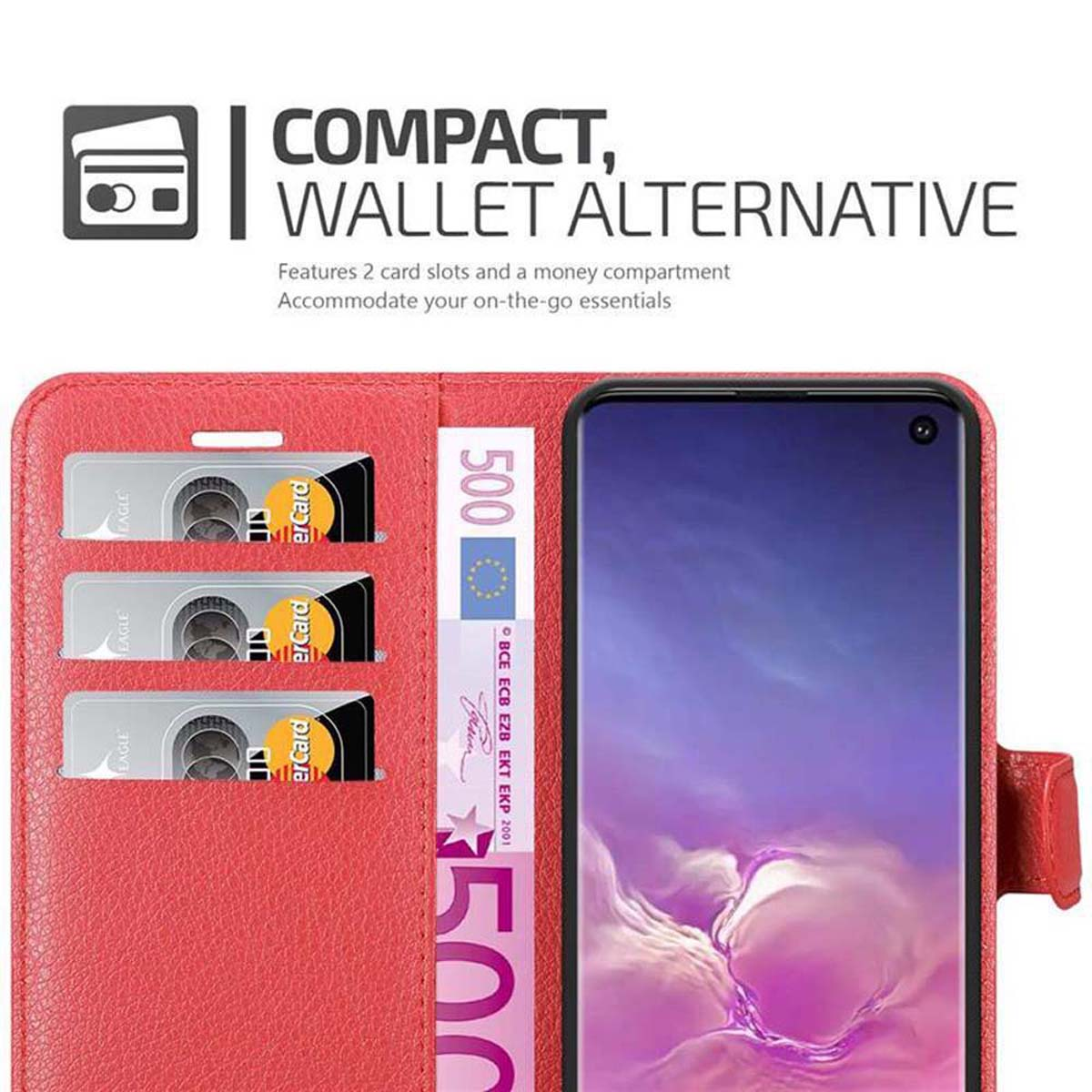 Una custodia per telefono rossa con design a portafoglio contiene carte e denaro. Il telefono è a destra.