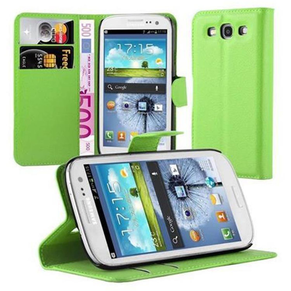 Grüne Handyhülle mit Karten und Geld, Telefon offen. Ein anderes Telefon ist vorne, mit Apps auf dem Bildschirm.