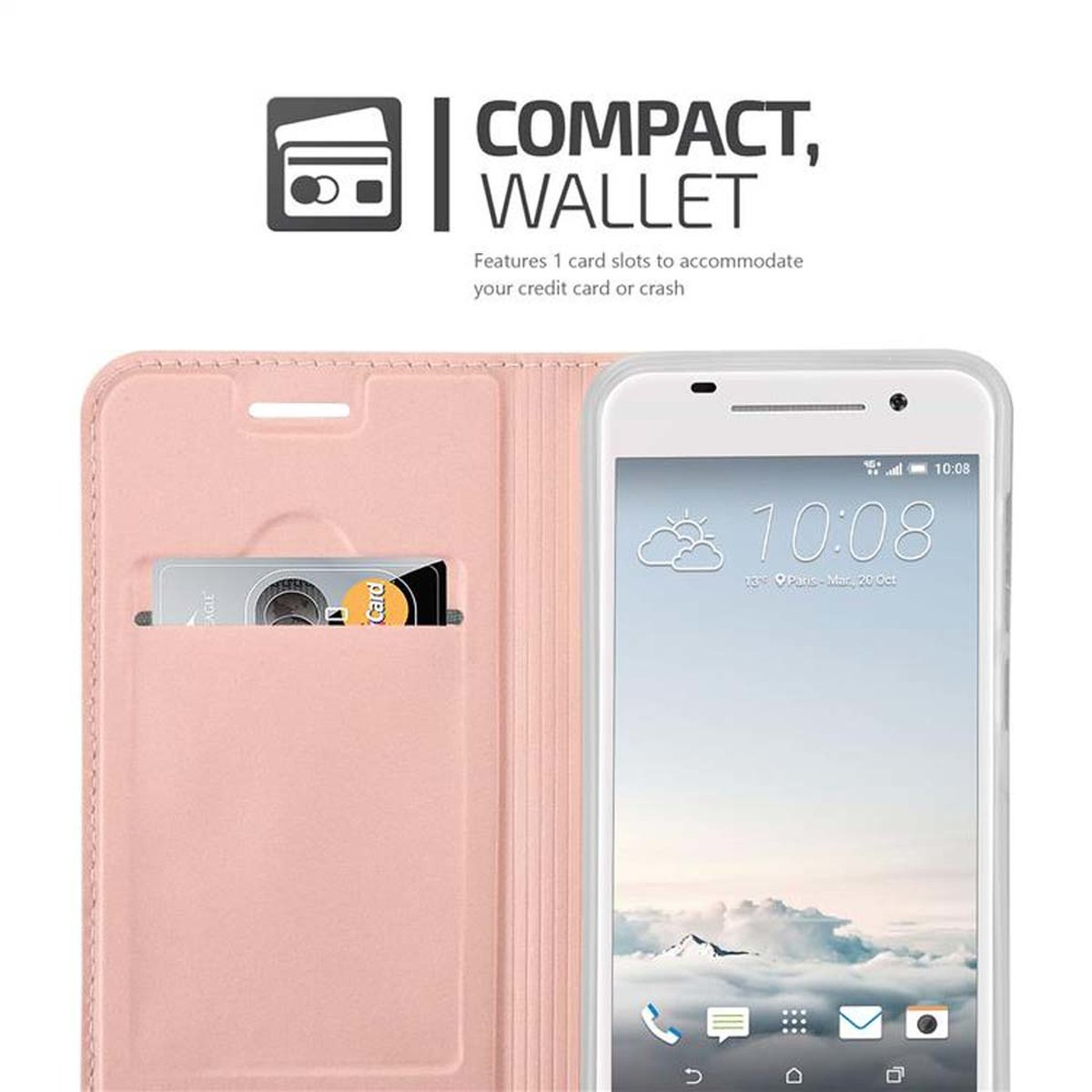 Custodia a portafoglio rosa per telefono con carta di credito. Testo: Compatto, portafoglio. 1 fessura.