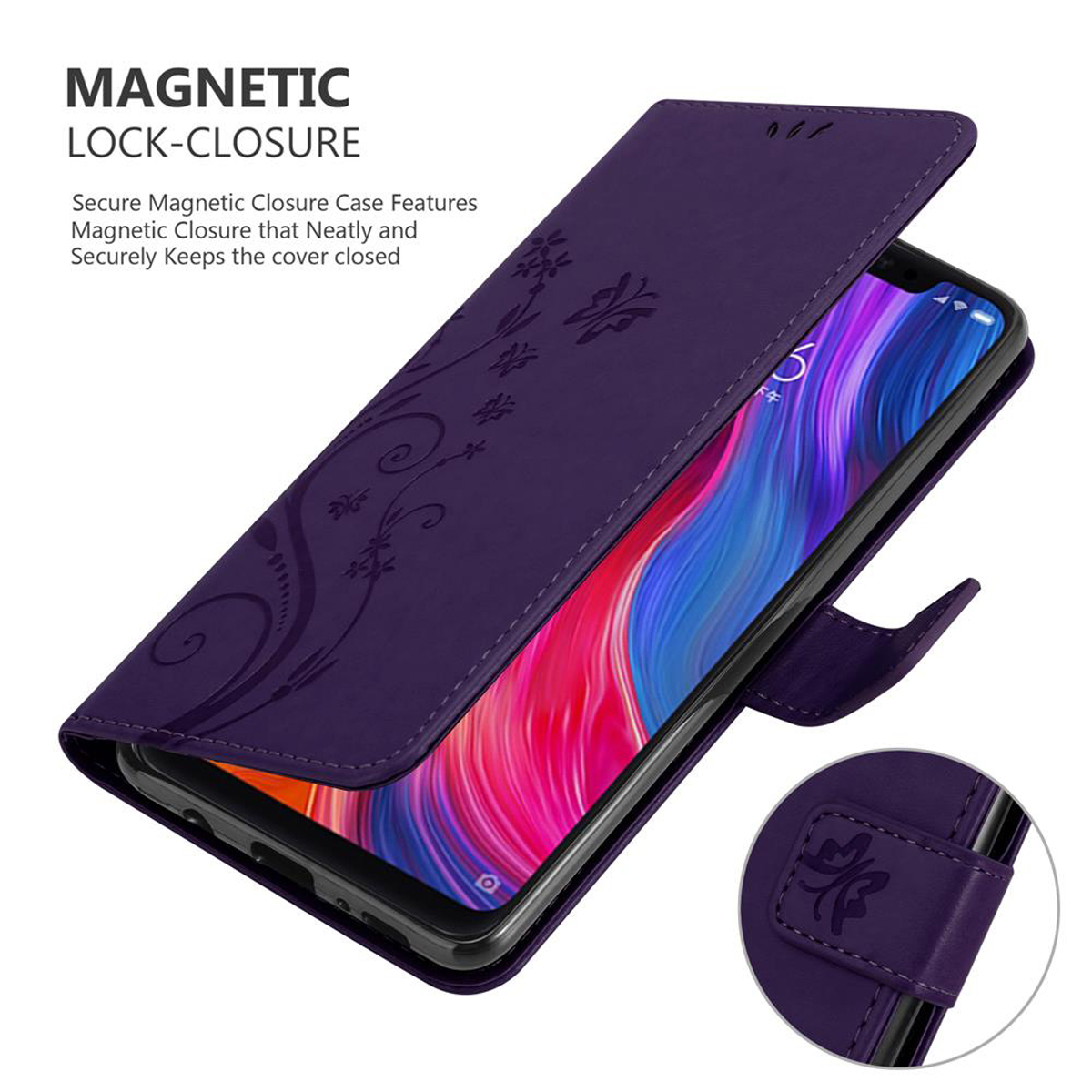 Custodia per telefono viola aperta, che mostra un telefono. Design floreale sulla custodia, sfondo bianco.