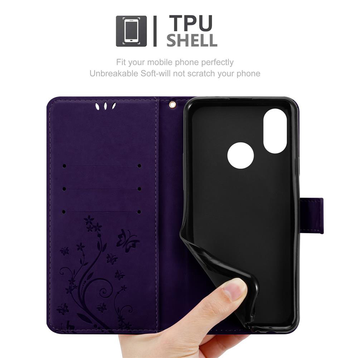 Custodia per telefono viola con design a farfalle e fiori con guscio interno nero.