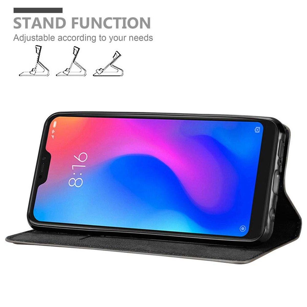 Telefono nero in custodia nera; funzione stand. Testo: Funzione stand. Regolabile in base alle tue esigenze.