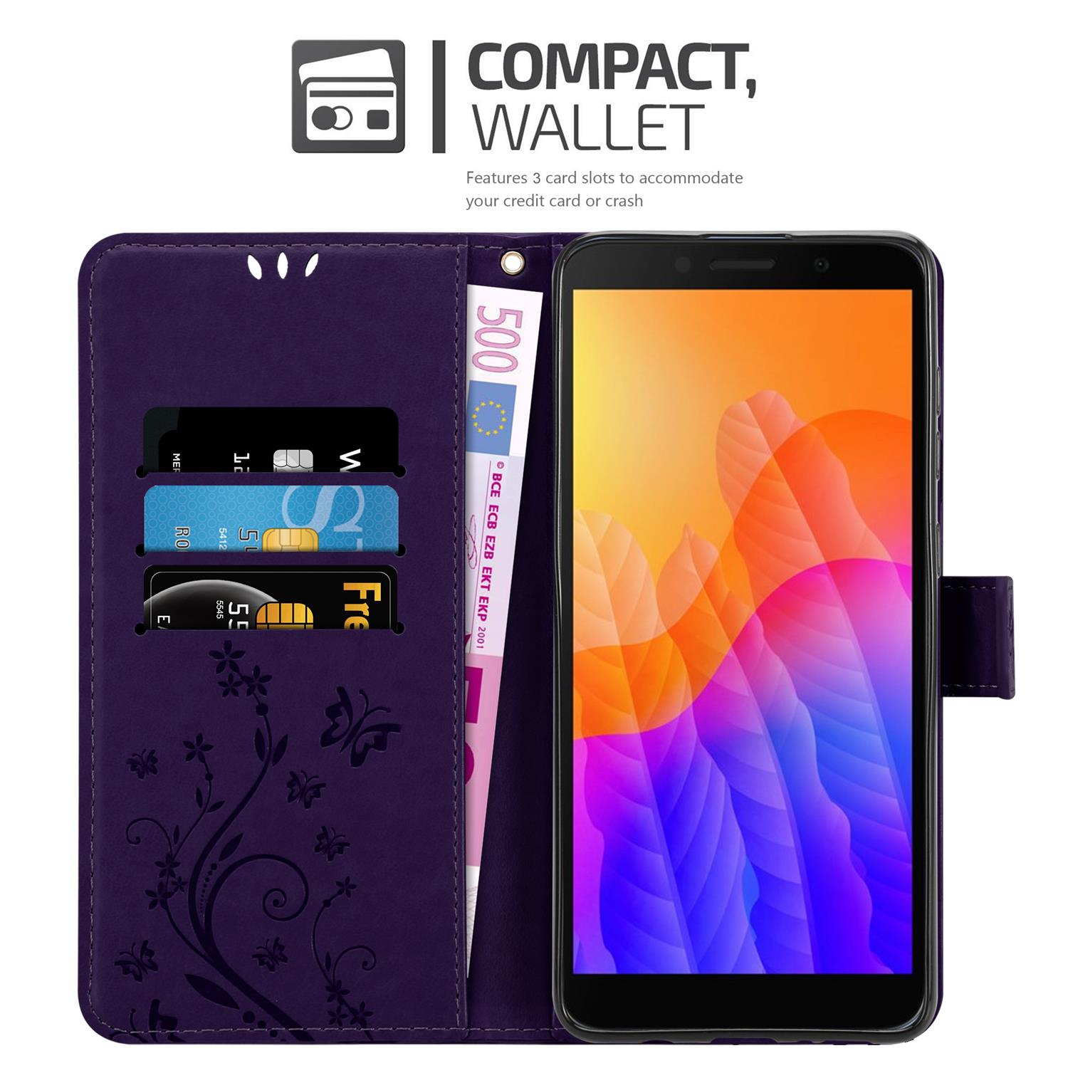 Custodia per telefono viola, aperta con carte e contanti. Il telefono è all'interno. Design floreale sul lato sinistro.