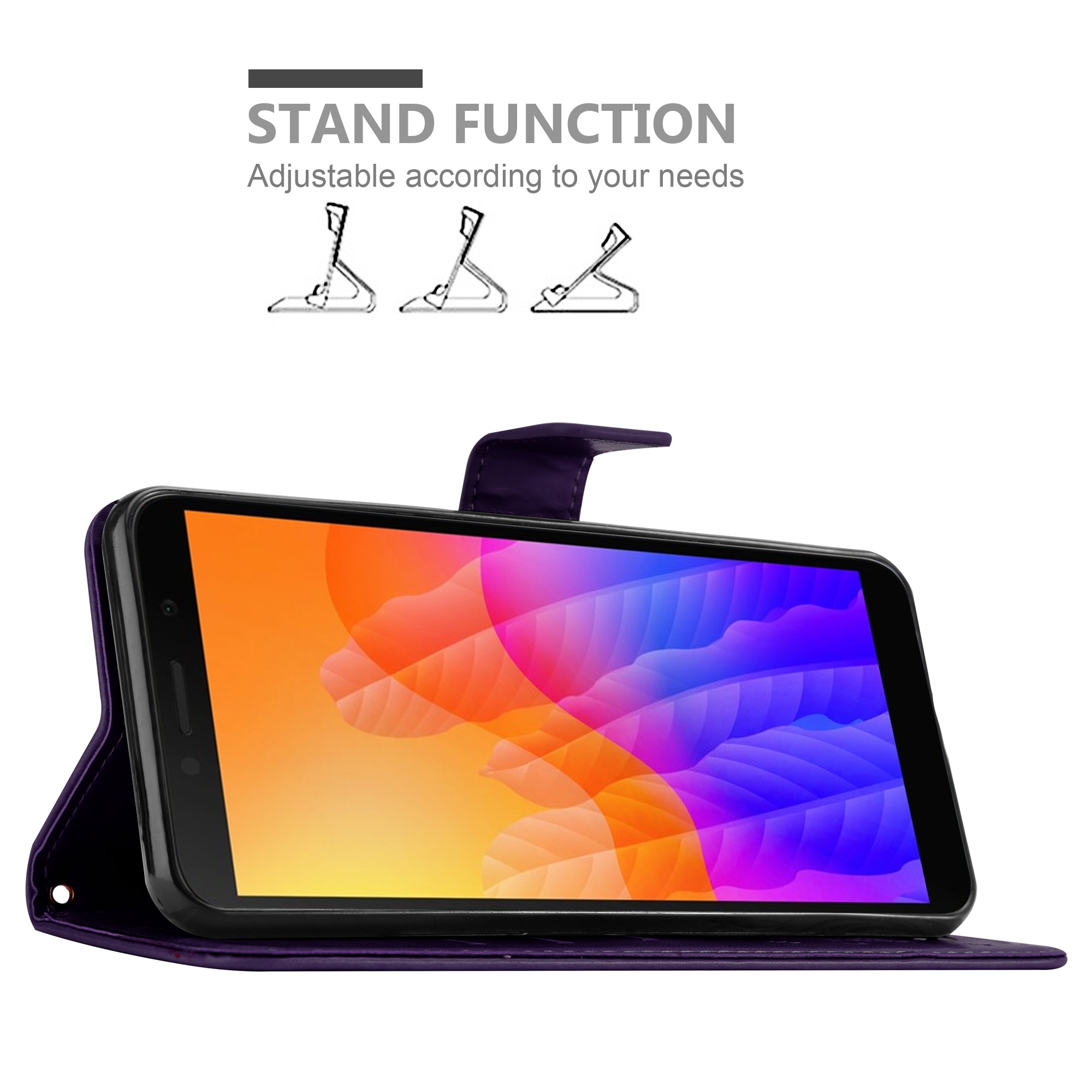 Telefono in una custodia viola, aperto. Mostra la funzione supporto, con tre posizioni. Il telefono mostra un display colorato.