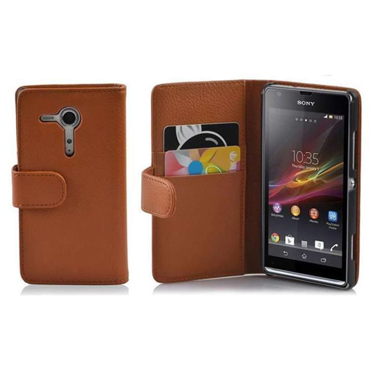 Funda marrón para teléfono con teléfono y tarjetas. Vistas abierta y cerrada. El teléfono Sony está en la funda.