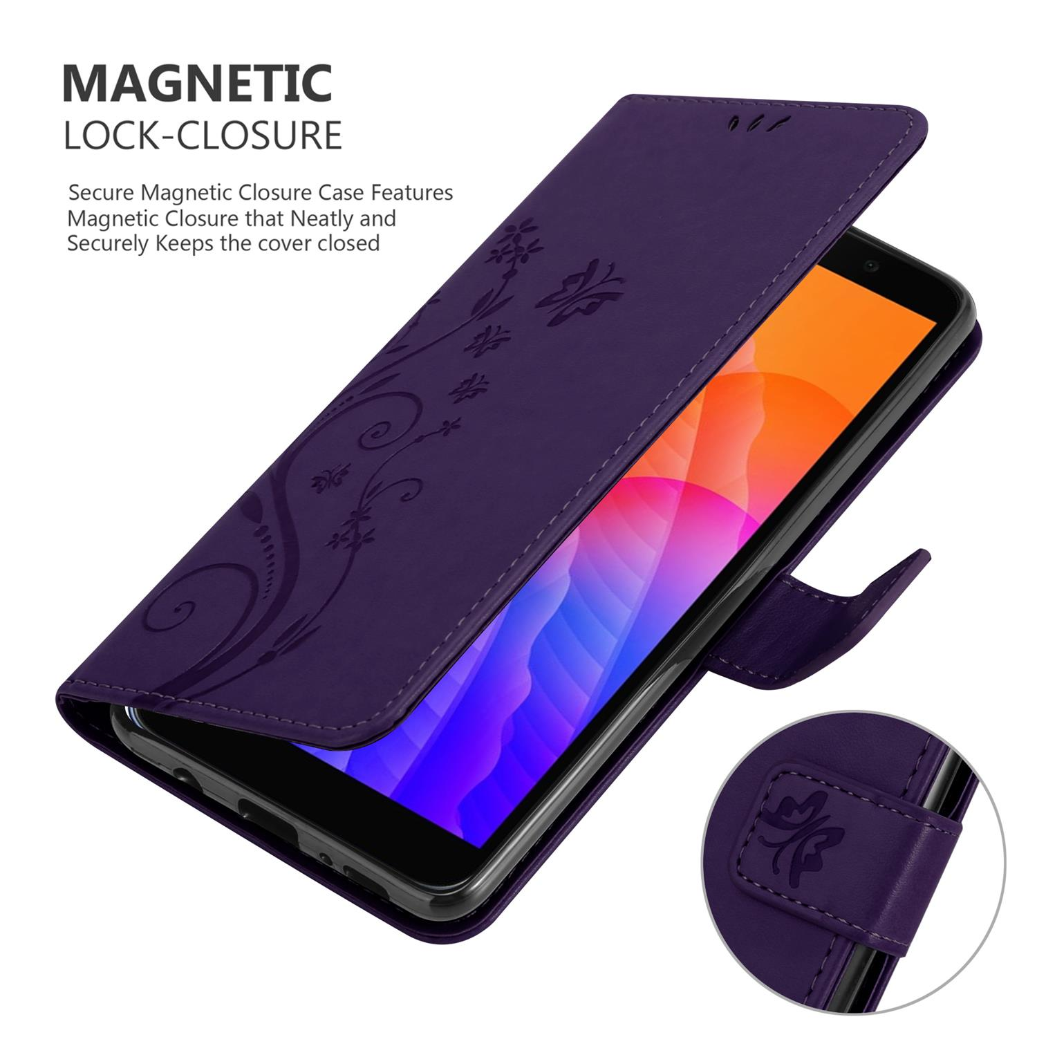 Custodia viola con design floreale, telefono aperto, che mostra uno schermo colorato.
