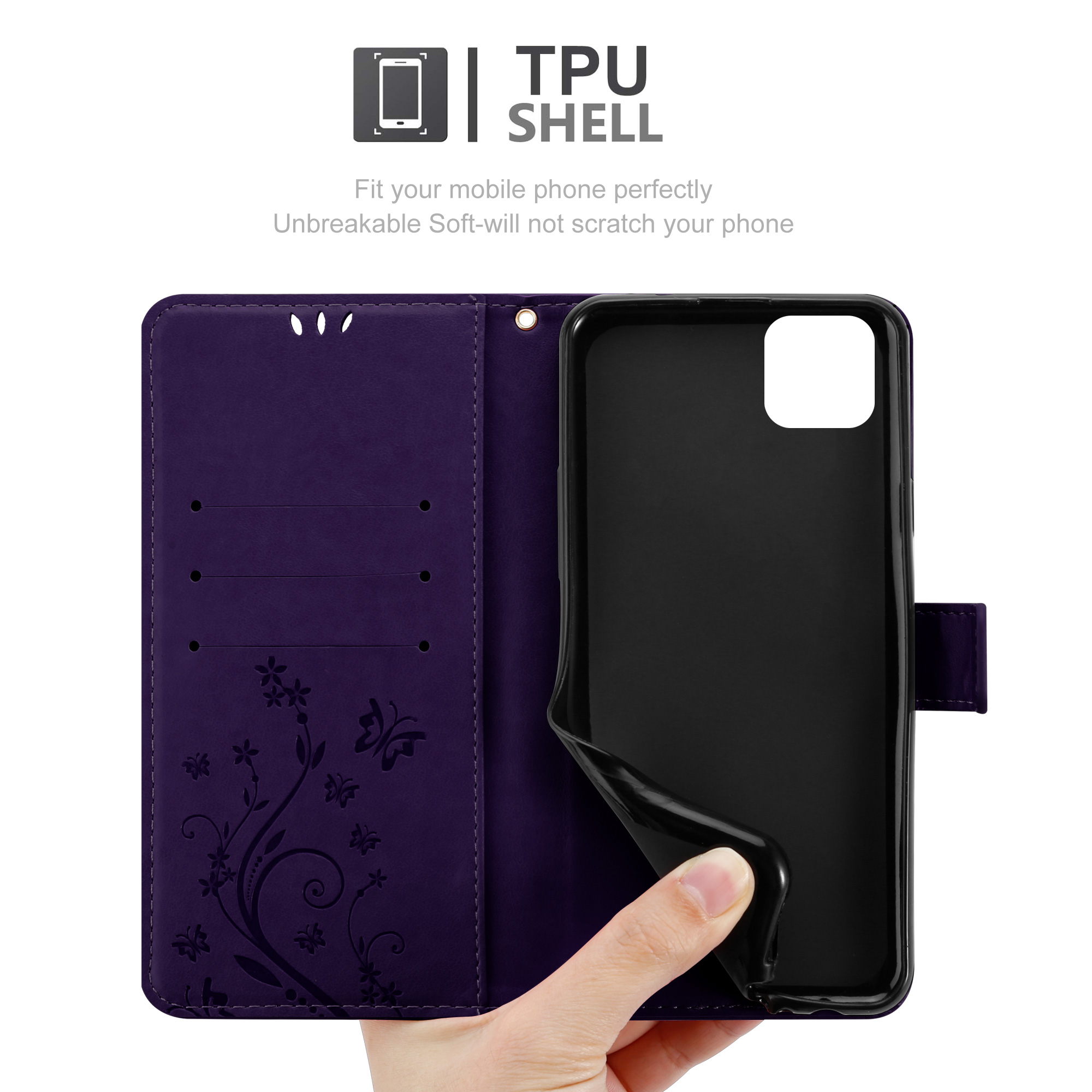 Custodia per telefono viola, aperta. Una mano tiene il telefono. Design floreale e farfalle all'interno.