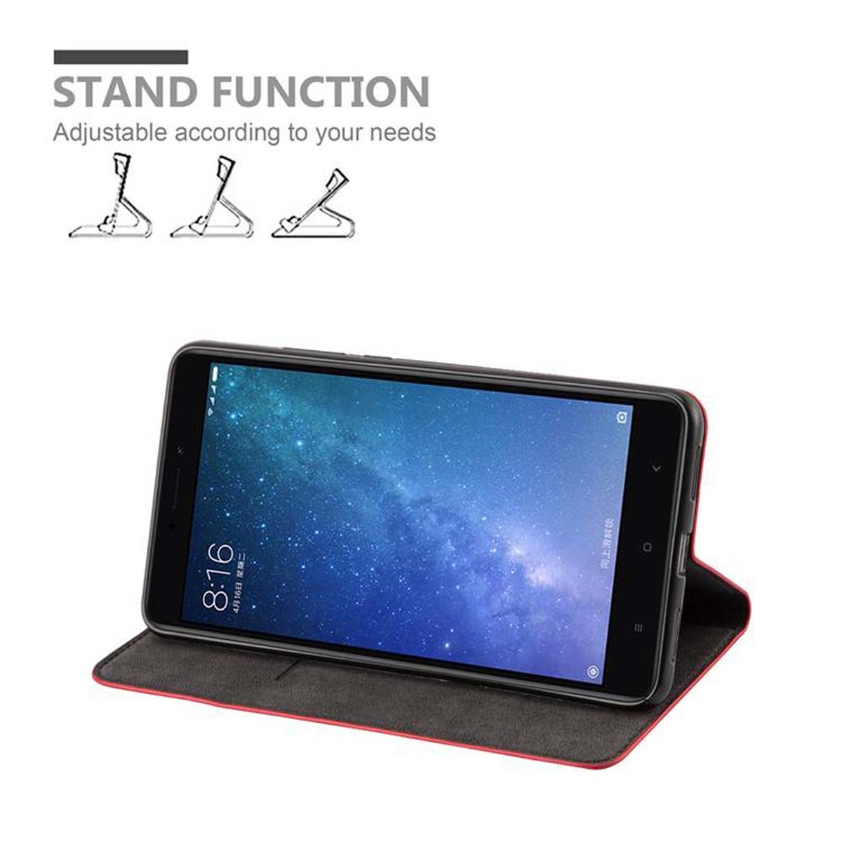 Custodia per telefono rossa con telefono all'interno. Testo: FUNZIONE STAND. Il telefono è in modalità stand.