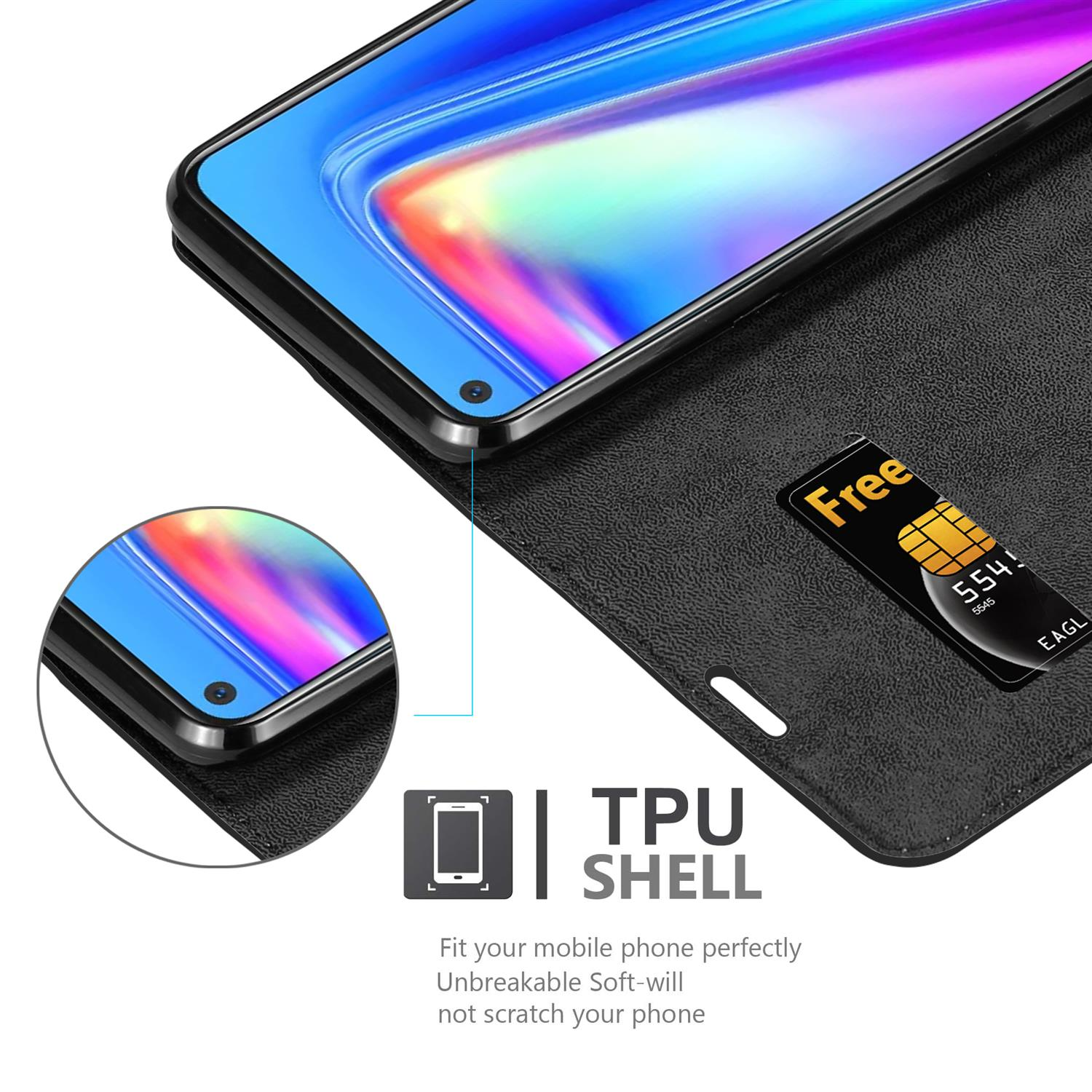 Telefono nero in una custodia. Primo piano dello schermo del telefono e della carta. Testo: Guscio in TPU.