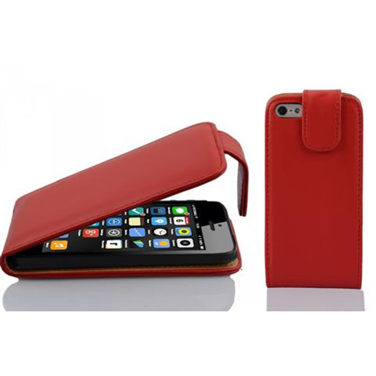 Custodia rossa per telefono con un telefono all'interno. Il telefono è aperto e visibile.
