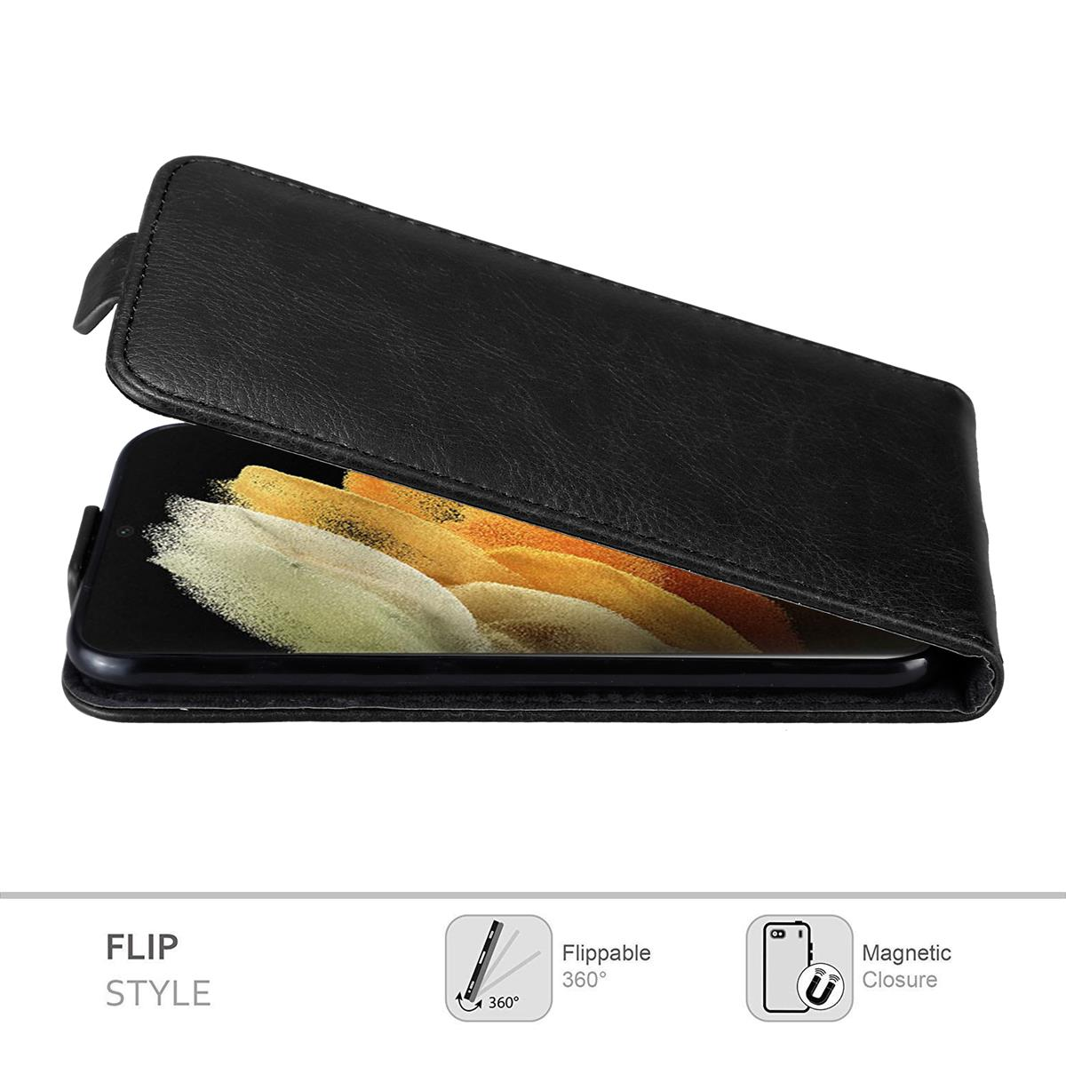 Custodia per telefono in pelle nera aperta, che rivela un telefono con schermo colorato.