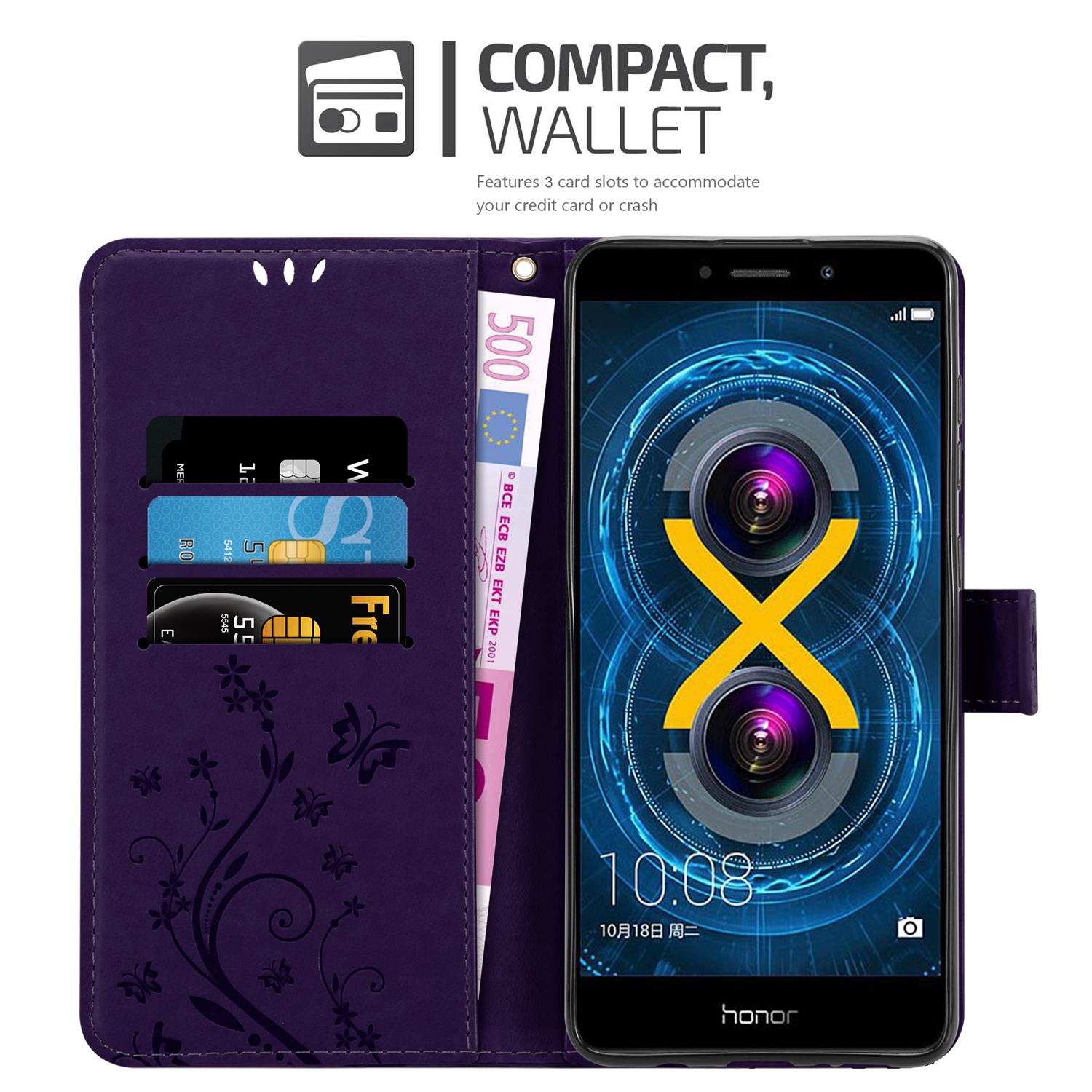 Custodia viola aperta, che mostra telefono, slot per schede e banconota. Chiusura magnetica.